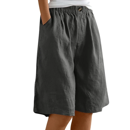 Womens Solid Color Pants Pocket Button Up Capris Loose Elastic Waist Shorts - Bild 38 von 63