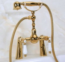 Golden Brass Bathroom Faucet Set Bath Handheld Shower Cold Hot Taps Kit 2na137
