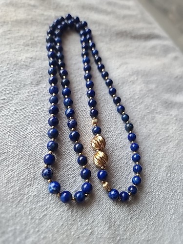 Blue Lapis Stone Necklace 14KT Gold Ribbed Spacer Bead Cones 32 " - Picture 4 of 6