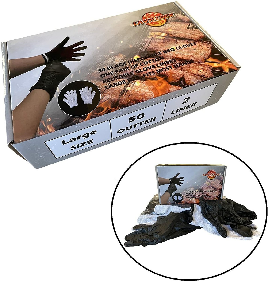 50 Ct Black Disposable Nitrile BBQ Gloves with Cotton Liners for