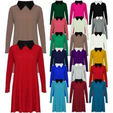 NEW WOMEN'S LADIES PETER PAN COLLAR SKATER FLARED SWING DRESS TOP PLUS SIZE 8-26