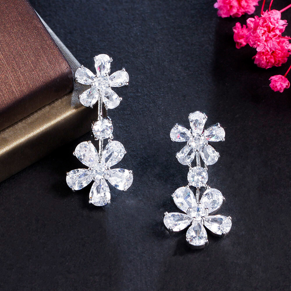 Dainty White Cubic Zirconia Flower Drop Earrings Silver Plated
