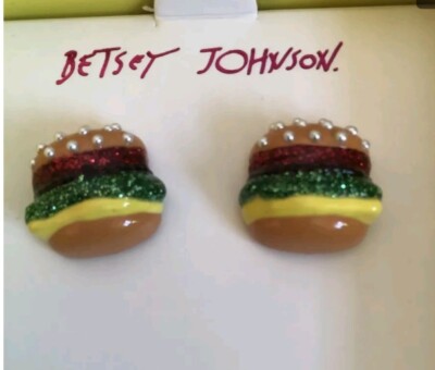 Betsey Johnson Hamburger on Sesame Bun Faux Pearl Stud Post Earrings NWT NIB NEW