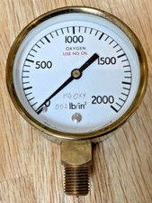 VINTAGE BRITISH LUCAS BRASS OXYGEN PRESSURE GAUGE - 0-2000PSI