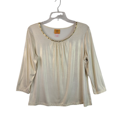 Ruby Rd Womens Gold 3/4 Sleeve Shimmer Blouse Studded Neckline Size M NWT