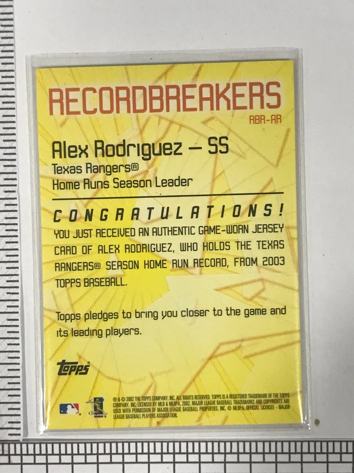 2002 Topps Game Worn Jersey Alex Rodriguez Record Breakers #ar Texas Rangers - Image 2 of 2