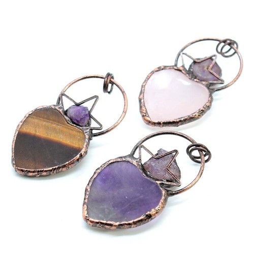 Vintage Crystal Heart Stone Pendant Amethyst Rose Quartz Charms Bohemia Jewelry - Picture 4 of 48