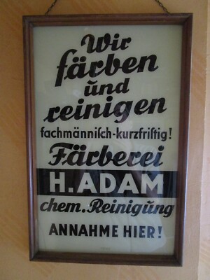 altes Glasschild Färberei chem. Reinigung Annahme hier! im Holzrahmen 62x40cm