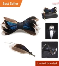 Handmade Leather Bow Tie & Brooch Set Navy Blue Feather Gift for Men Comfort