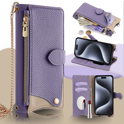 For iPhone 17 16 15 14 13 12 11 Zipper Wallet Card Magnetic Case+Crossbody Chain - Picture 42 of 57