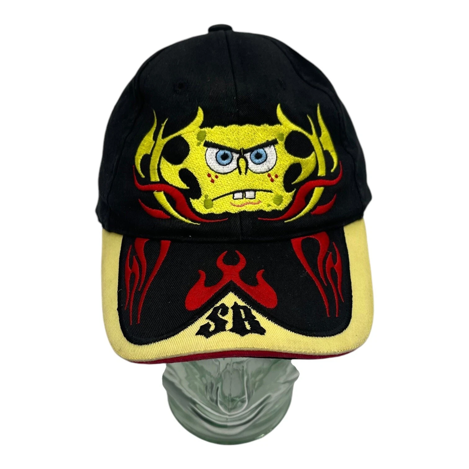 Spongebob Black Adjustable Hat Cap Angry Face With Flames Tribal Embroidered