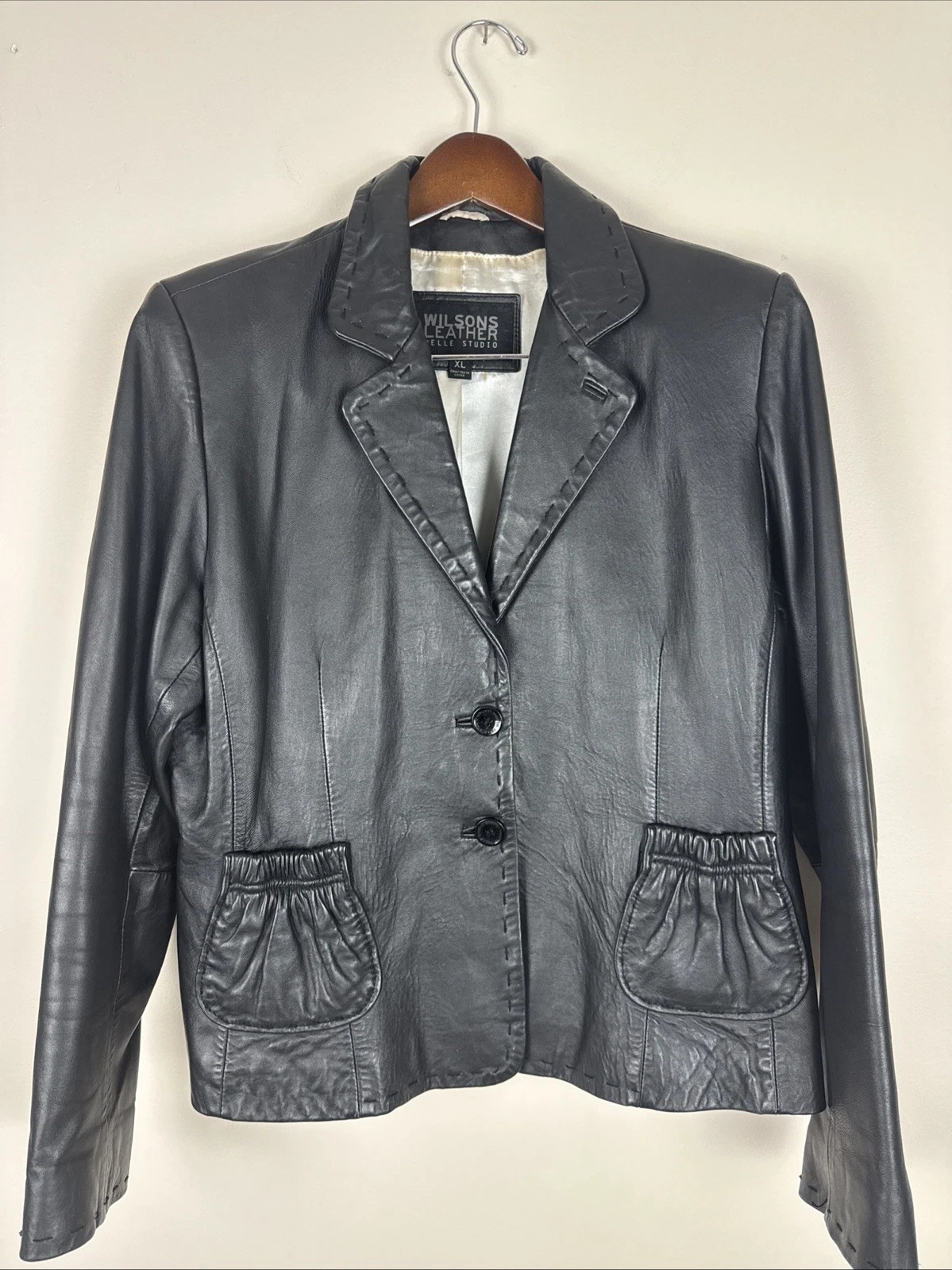 Vtg Wilsons Black Leather Women's XL Blazer Jacket Y2K Moto Goth Edgy Ruched EUC