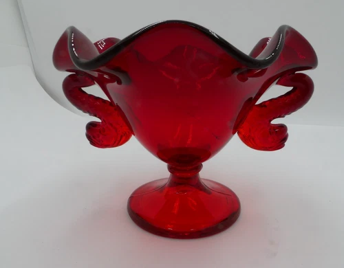 Vtg FENTON Ruby Red Glass Double Dolphin Handle Footed Pedestal Compote or Vase