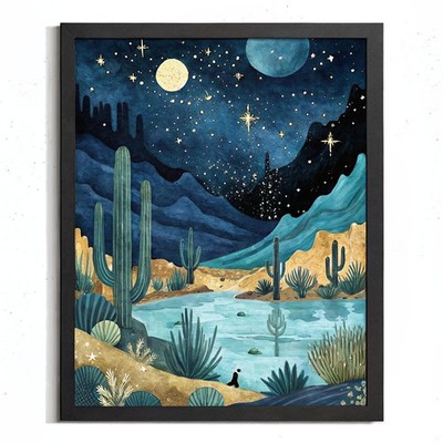 Türkis und Gold Nacht Landschaft Blick auf die Wüste Kaktus Poster 3 Kunstdruck