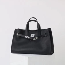 Genuine Cowhide Leather Black Tote Bag for Women Large Shoulder Bag Fits MacBook