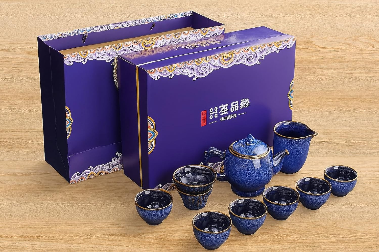 Chinese gongfu tea set porcelain,9-Piece 9 Pieces, Deep Blue With Gold Trim 