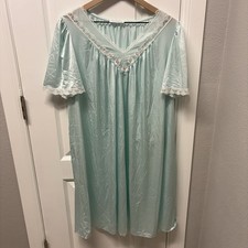 Vintage Miss Elaine Nightgown Light Teal Blue Lace Trim Nylon Made USA Size 2X