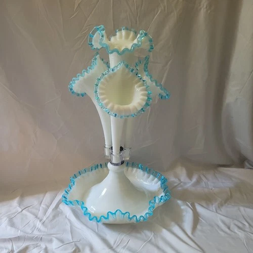 Vintage Fenton Turquoise Milk Glass Crest 4 Horned Glass Epergne -  18”H