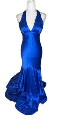 Cache Vintage Royal Blue V-Neck Silk Evening Floor Length Dress 4 Four Y2K