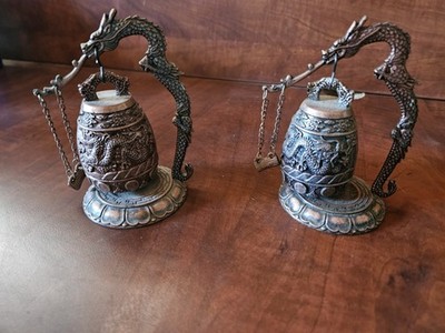Pair Of Feng Shui Premium Tibetan Brass Dragon Buddha Bells 5'' tall Nice Set
