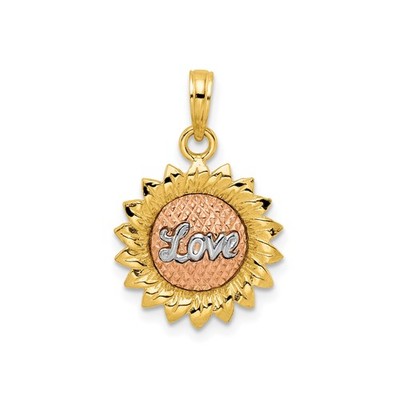 14k Tri-Color Gold Sonnenblume Anhänger Rose Mitte weiße Schrift Liebe gelbe Blütenblätter
