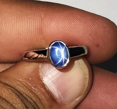 Bague chevalière en argent sterling 925 saphir étoile de laboratoire 6 rayons... - Photo 1/4