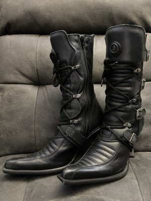 New Rock Black Leather Biker Mid-Calf Boots Buckles Lace-Up Women EU 38