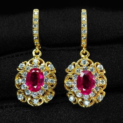 24K Gold 925 Sterling Silver Earrings Magenta Pink Rubellite Tourmaline 3.35Ct
