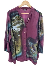 Citron Santa Monica 3X 100% Silk Floral Button Blouse Blue Black Boho Tunic