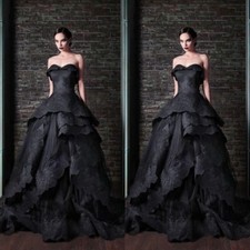 Gothic Black Wedding Dresses Ruffled Tiered Lace Appliqued A-Line Bridal Gowns