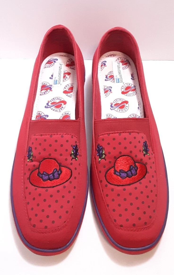 Red Hat Society Slip On Shoes Size 9 M Red Embroidered Grasshoppers By Keds