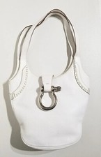 Rare Burberry White Pebbled Leather Bucket Hobo Stirrup / Shackle Bag