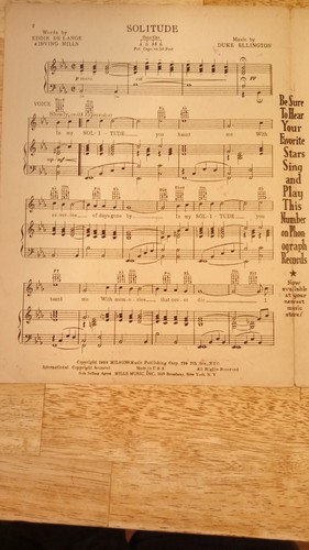 Vintage Sheet Music Solitude 1934 Duke Ellington Eddie De Lange Irving Mills - Foto 4 di 5