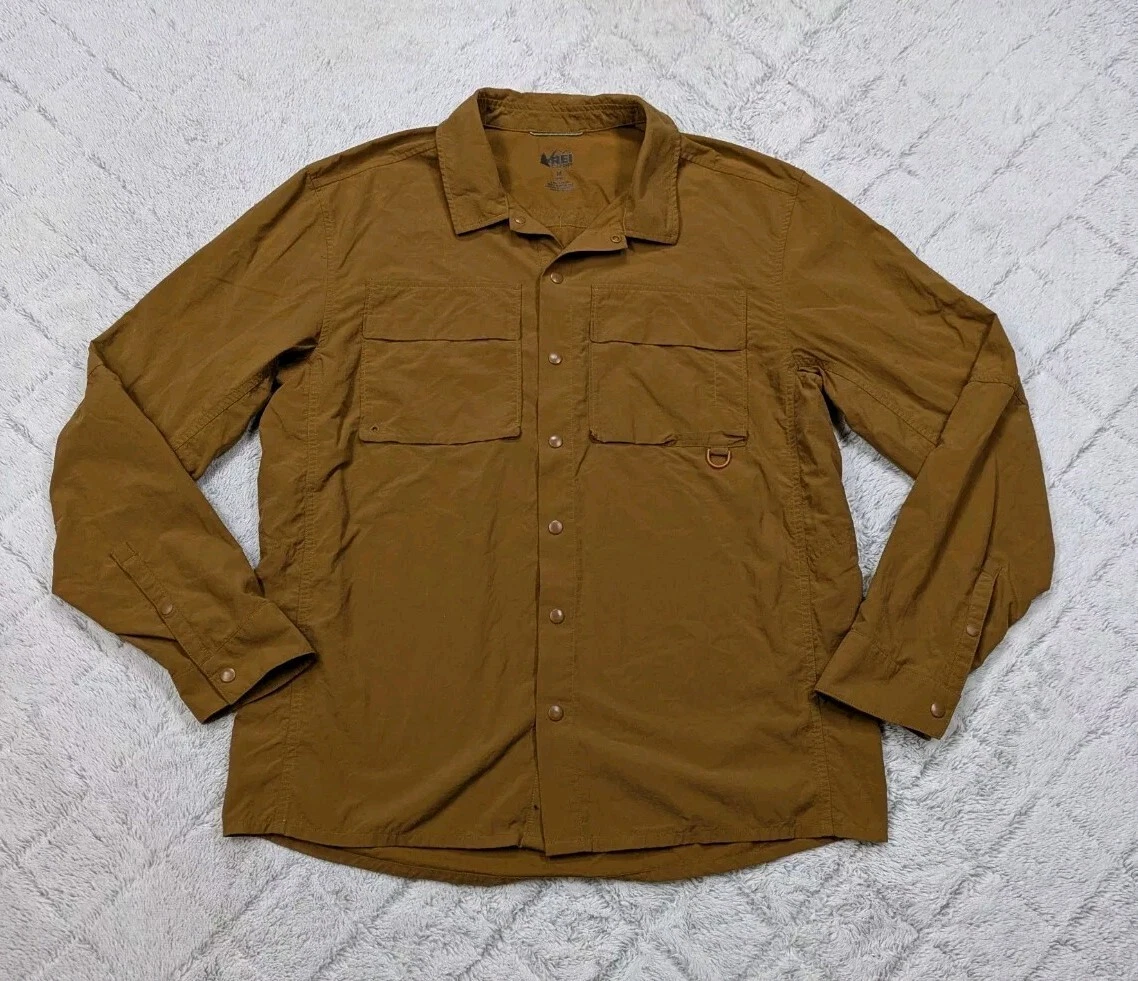 REI Shirt Men's M Brown Nylon Savannah Trails Long Sleeve Hiking Camp Vent Coop