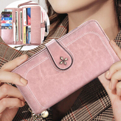 Womens Large Capacity Leather RFID Wallets Wristlet Clutch Card Holder Wallet
