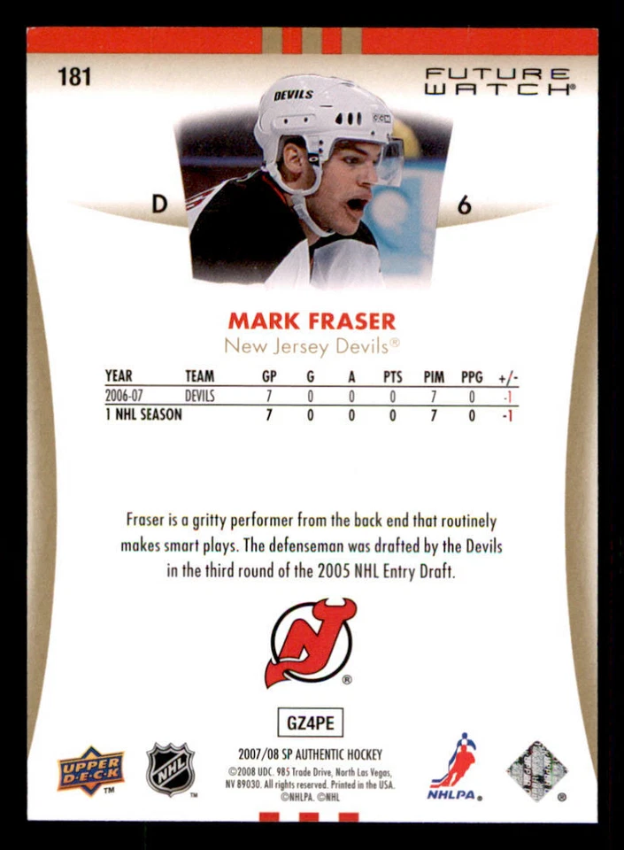 2007-08 SP Authentic #181 Mark Fraser RC /999 (ref 239942) - Image 2 of 2