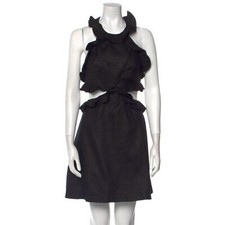 Zimmermann Postcard Linen Ruffled Tie-Back Black Mini Dress, 1/S