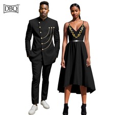 African Clothes for Couple Gold Chain Men s Business Suit and Women  s Midi Dress