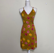 Women's Summer Dress Floral Sleeveless, Wrap Dress, (Size Small),Mustard Brown