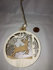 CHRISTMAS TREE ORNAMENT WOOD SILVER DEER ELK HUNTING NATURE HOLIDAY DECOR 3 3/4"