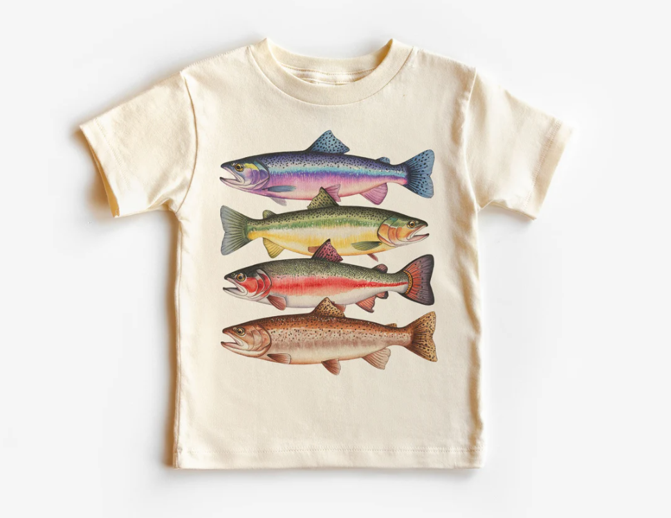 Camicia da bambino astratta colorata trota in fila specie di pesci di fiume