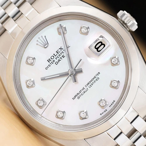 ROLEX OYSTER PERPETUAL DATE 1500 MOTHER OF PEARL DIAMOND DIAL STEEL 34MM WATCH