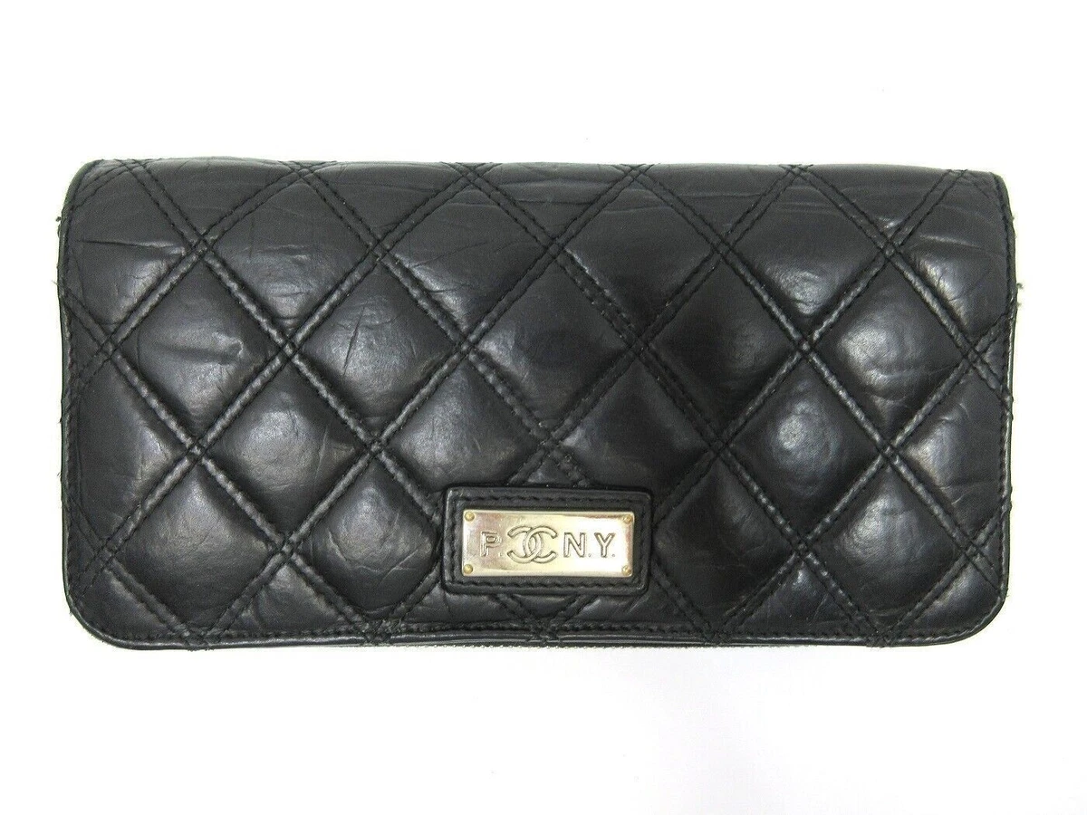 Authentic CHANEL Paris New York Line Long Wallet Lambskin Black Leather  101258