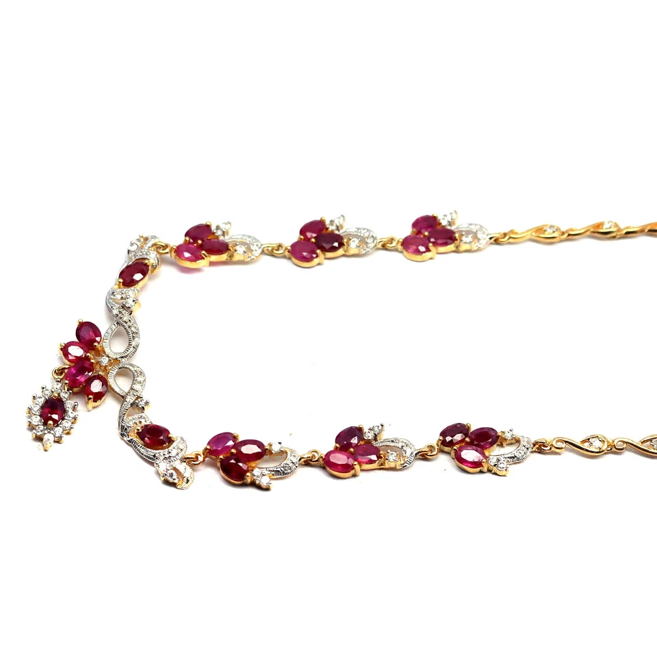 Gemstone Heated Red Ruby & White Zircon Necklace 17" 925 Sterling Silver - Image 2 of 4