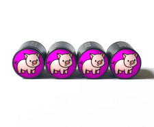 Cartoon Cute Pig Piggy Tire Valve Caps - Black Aluminum - Set Of 4 - Universal