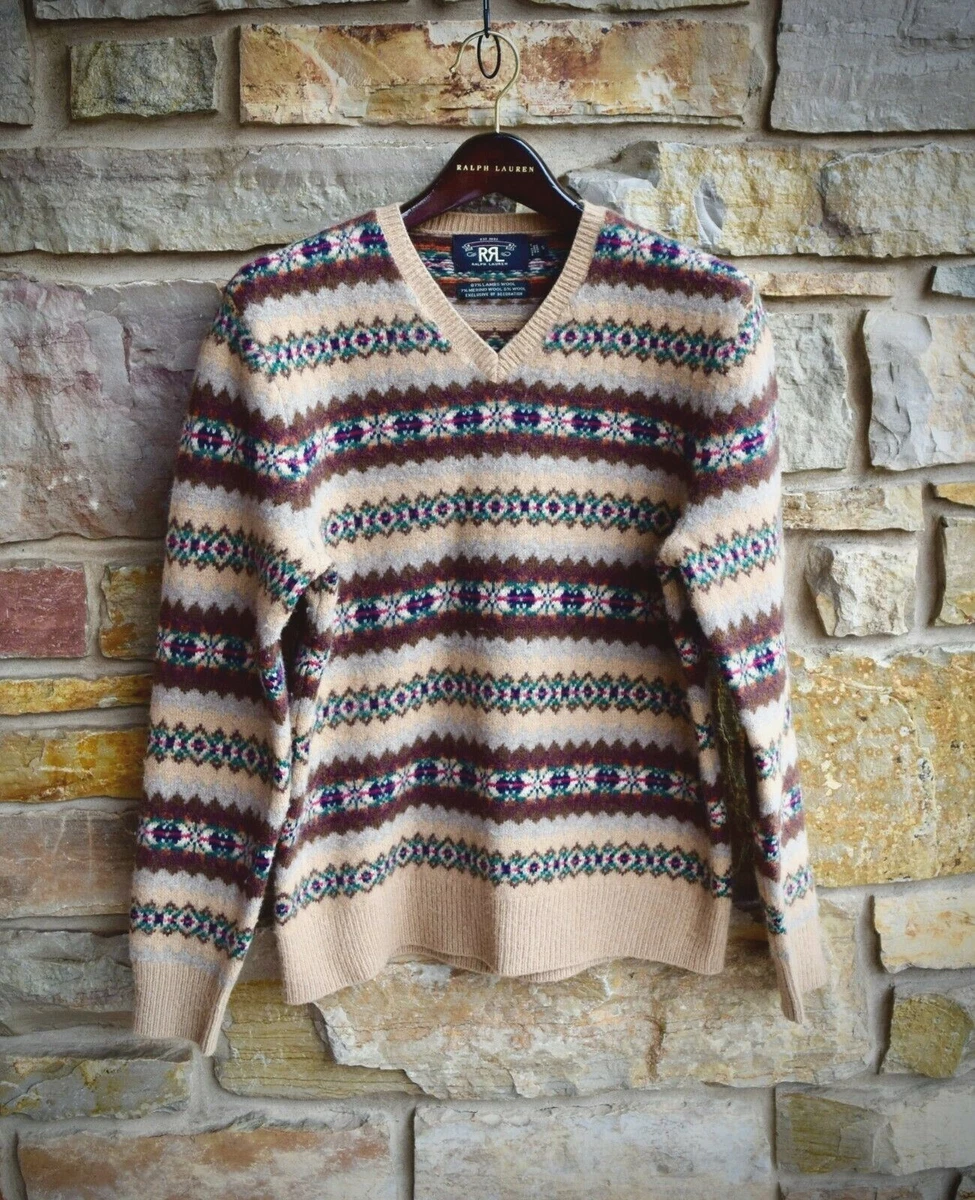 RRL Ralph Lauren Fair Isle V Neck Brown Knit Suede Elbow Sweater Men s Small S