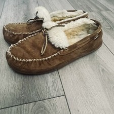 LL Bean Mens Slippers Sz 11 Brown Suede Shearling Lined Moccasins
