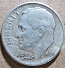 1958-D ROOSEVELT 90% SILVER, VERY FINE CONDITION, CIRCULATED, NOT CLEANED