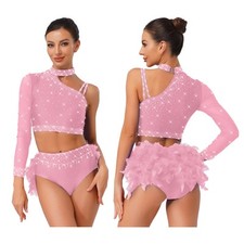 Womens Dancewear Dance Set Competition Outfits Long Sleeve Sparkly Back Latin
