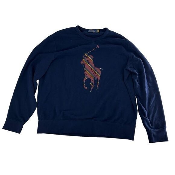 Polo By Ralph Lauren Felpa Uomo XL Blu Navy Big Pony Grafica Pile Crew